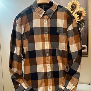 NWT Tommy Hilfiger Men’s Button-up Long Sleeve Brown Blue Plaid Custom Fit XXL